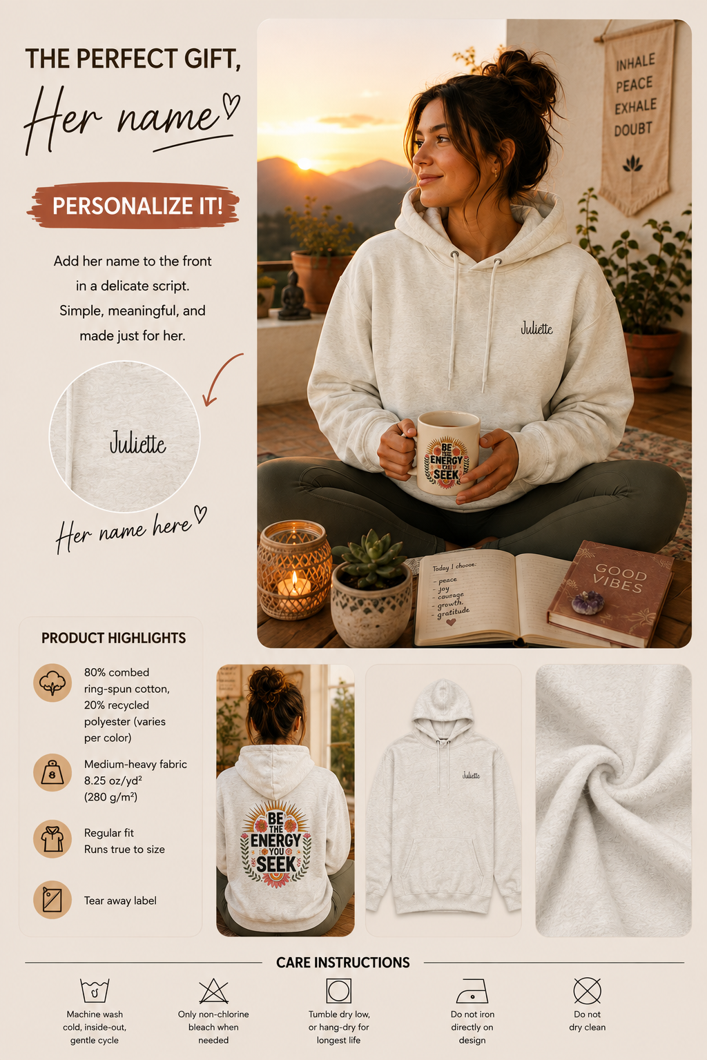 Product information graphic showing personalization placement, fabric details, and care instructions