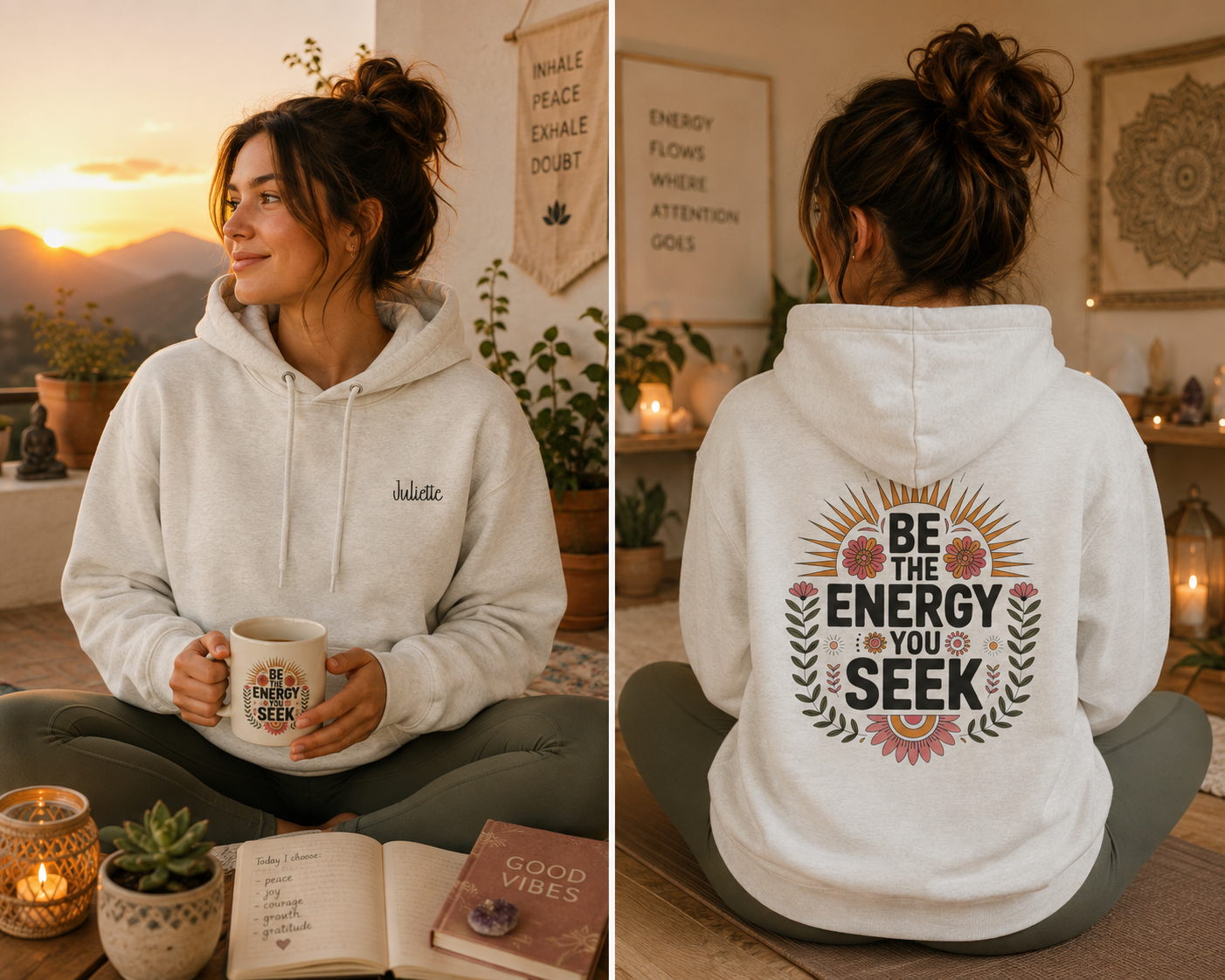 Woman wearing the personalized hoodie, front view with name on the chest and back view showing the design