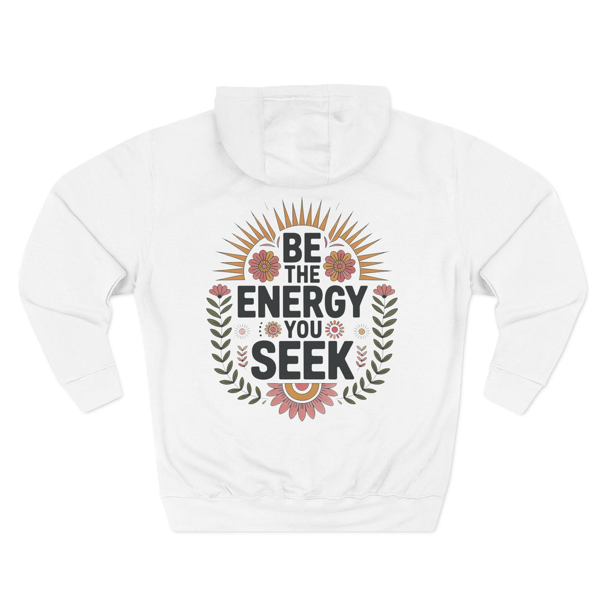 Front view of white hoodie with customizable name embroidered on the chest
