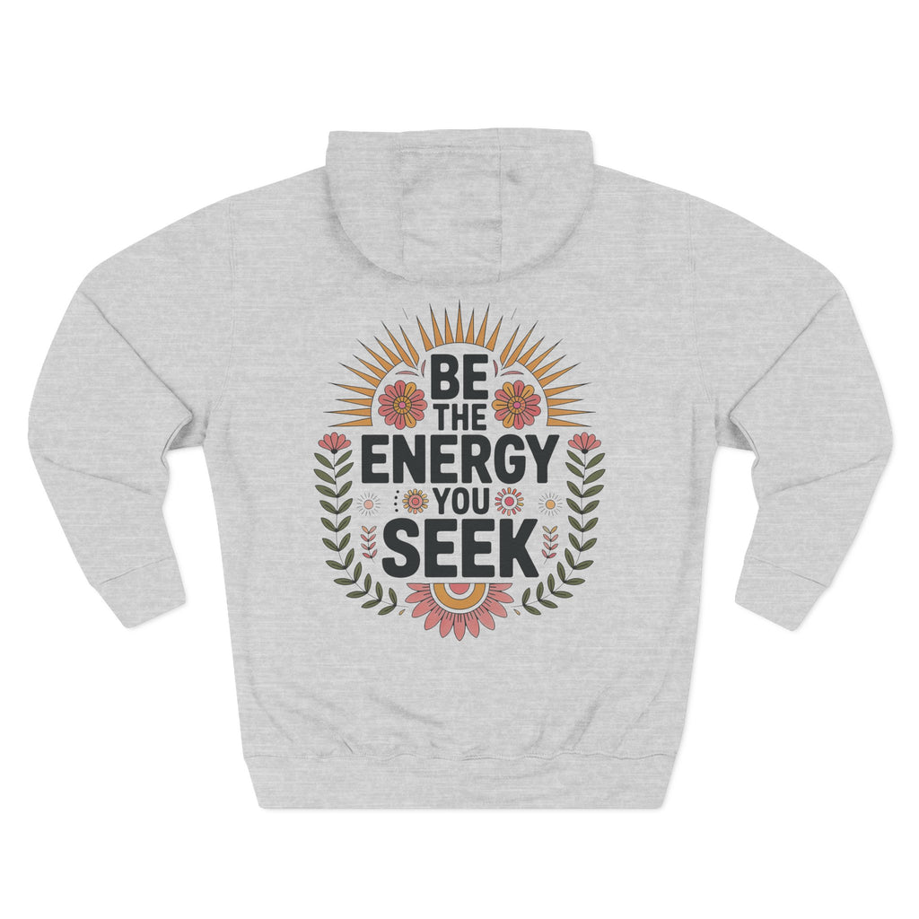 Front view of heather grey hoodie with customizable name embroidered on the chest