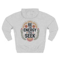 Front view of heather grey hoodie with customizable name embroidered on the chest
