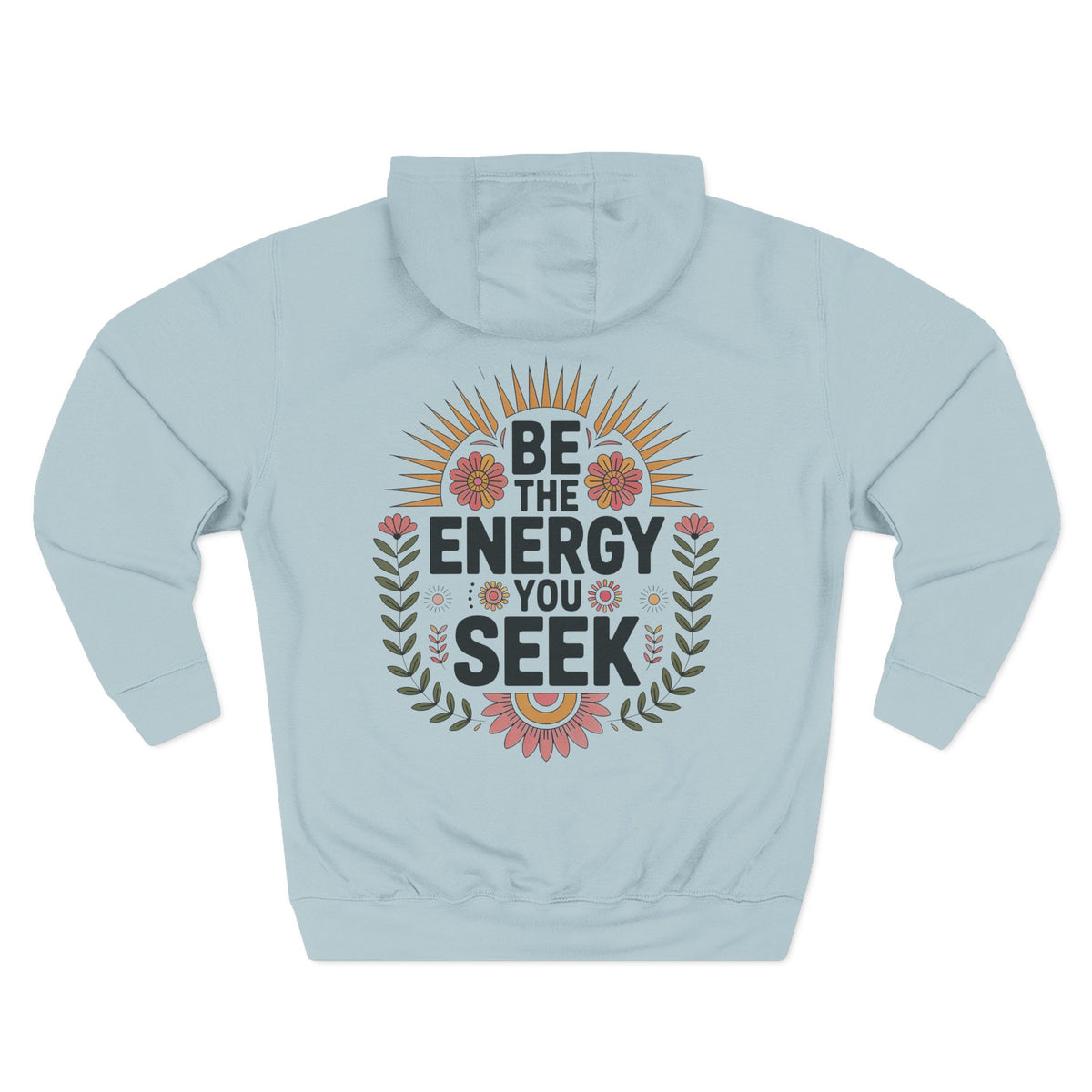 Front view of blue mist hoodie with customizable name embroidered on the chest