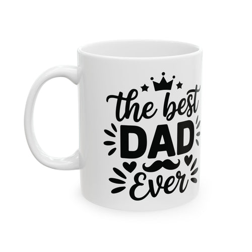 The Best Dad Ever mug with crown, moustache, and hearts