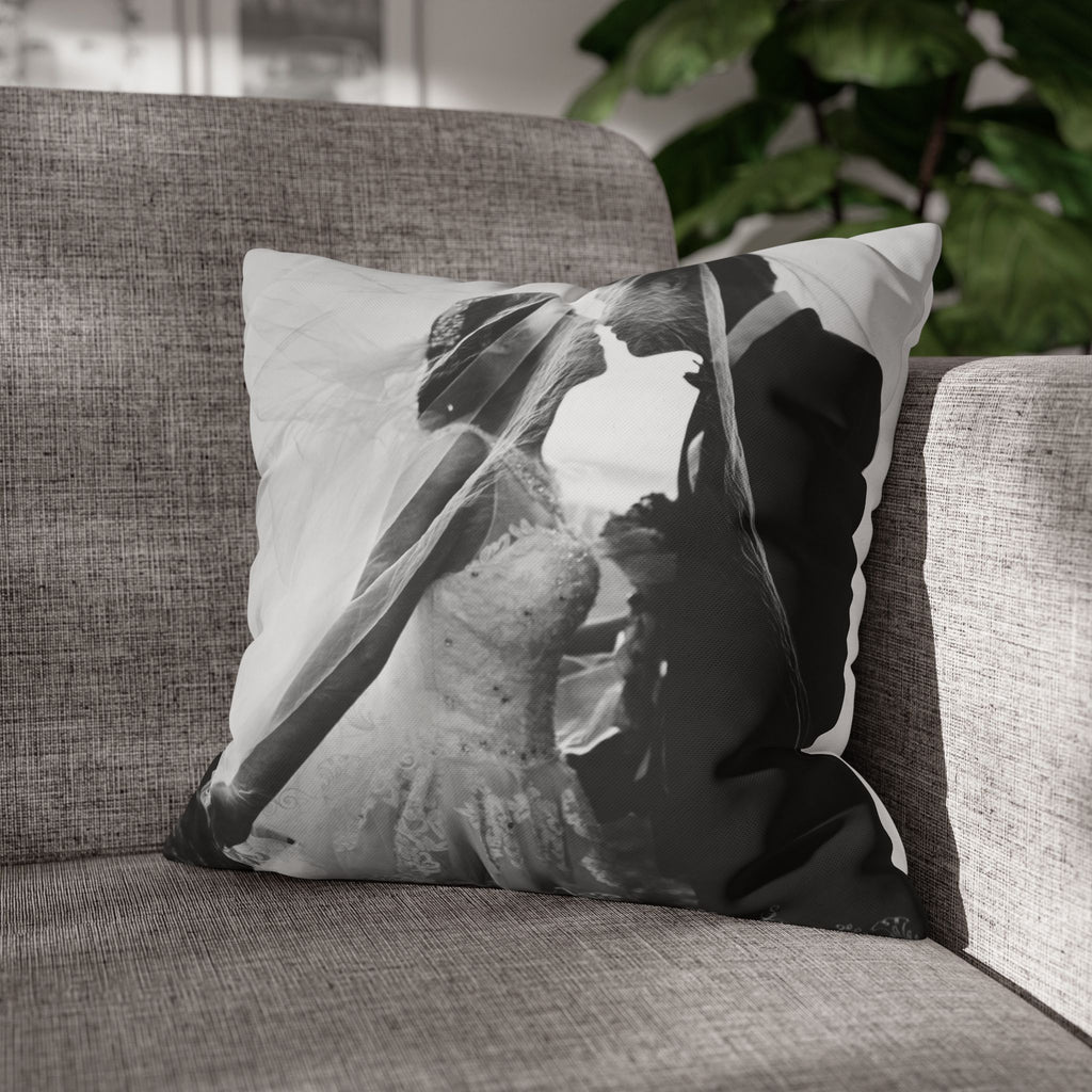 Close-up of the fine-weave canvas fabric of the wedding photo pillow