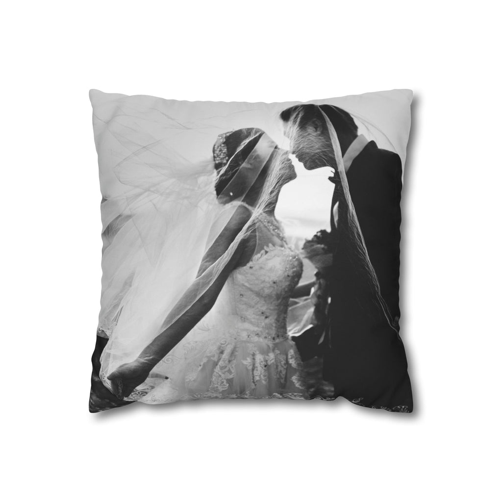 Personalized black-and-white wedding photo pillow showing an uploaded photo in monochrome