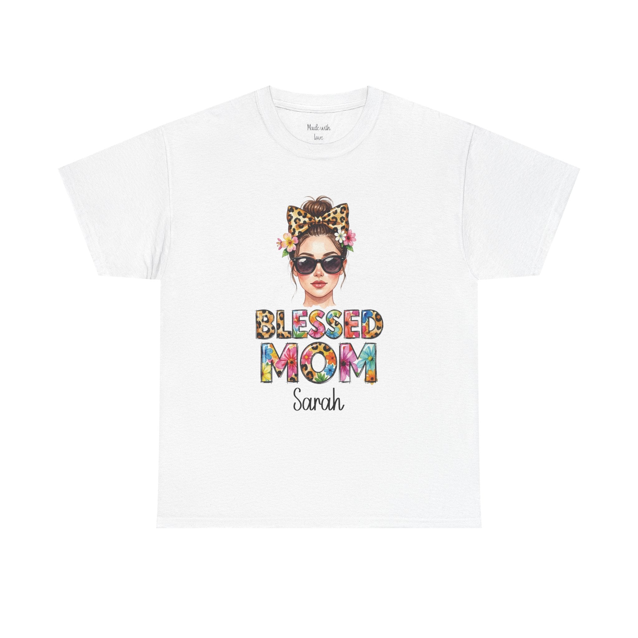 Blessed Mom personalized t-shirt with boho floral design and name on the front