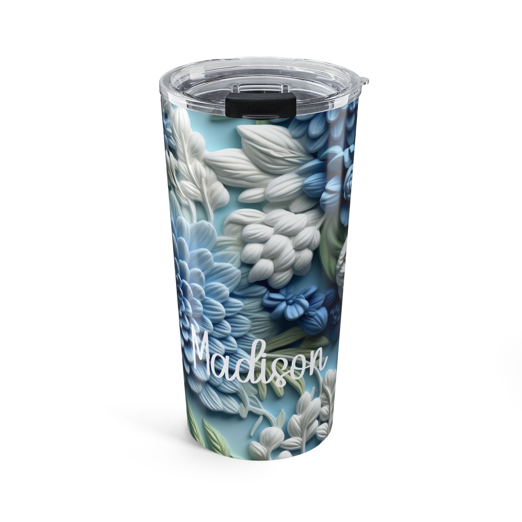 Side view of the personalized floral stainless steel tumbler showing the wraparound blue blossom design