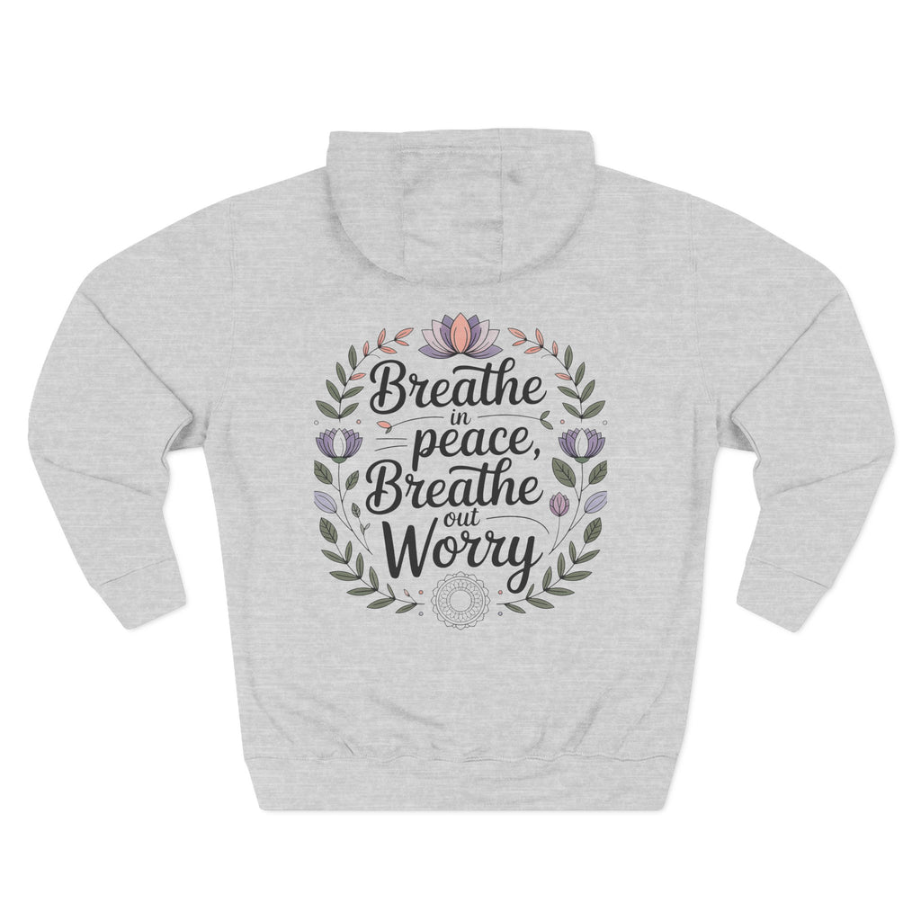 Heather grey personalized hoodie, back view, with "Breathe in Peace, Breathe out Worry" floral wreath design