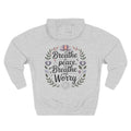 Heather grey personalized hoodie, back view, with "Breathe in Peace, Breathe out Worry" floral wreath design