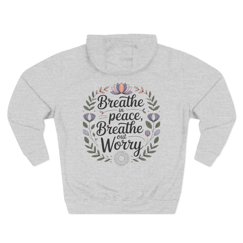 Heather grey personalized hoodie, back view, with "Breathe in Peace, Breathe out Worry" floral wreath design