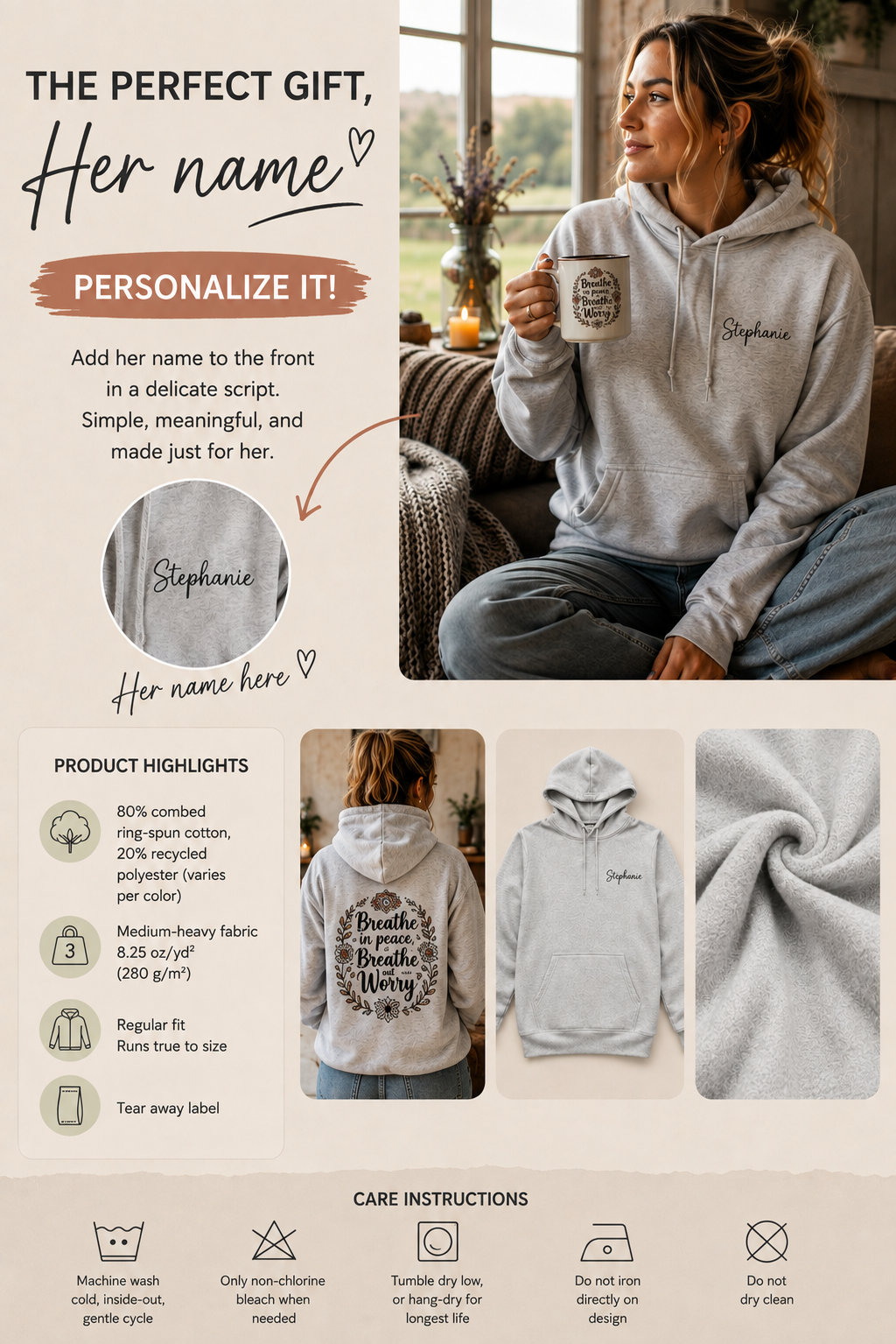 Product information graphic showing personalization placement, fabric details, and care instructions