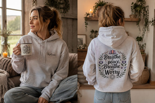 Woman wearing the heather grey personalized hoodie, front view with name on the chest and back view showing the floral wreath design