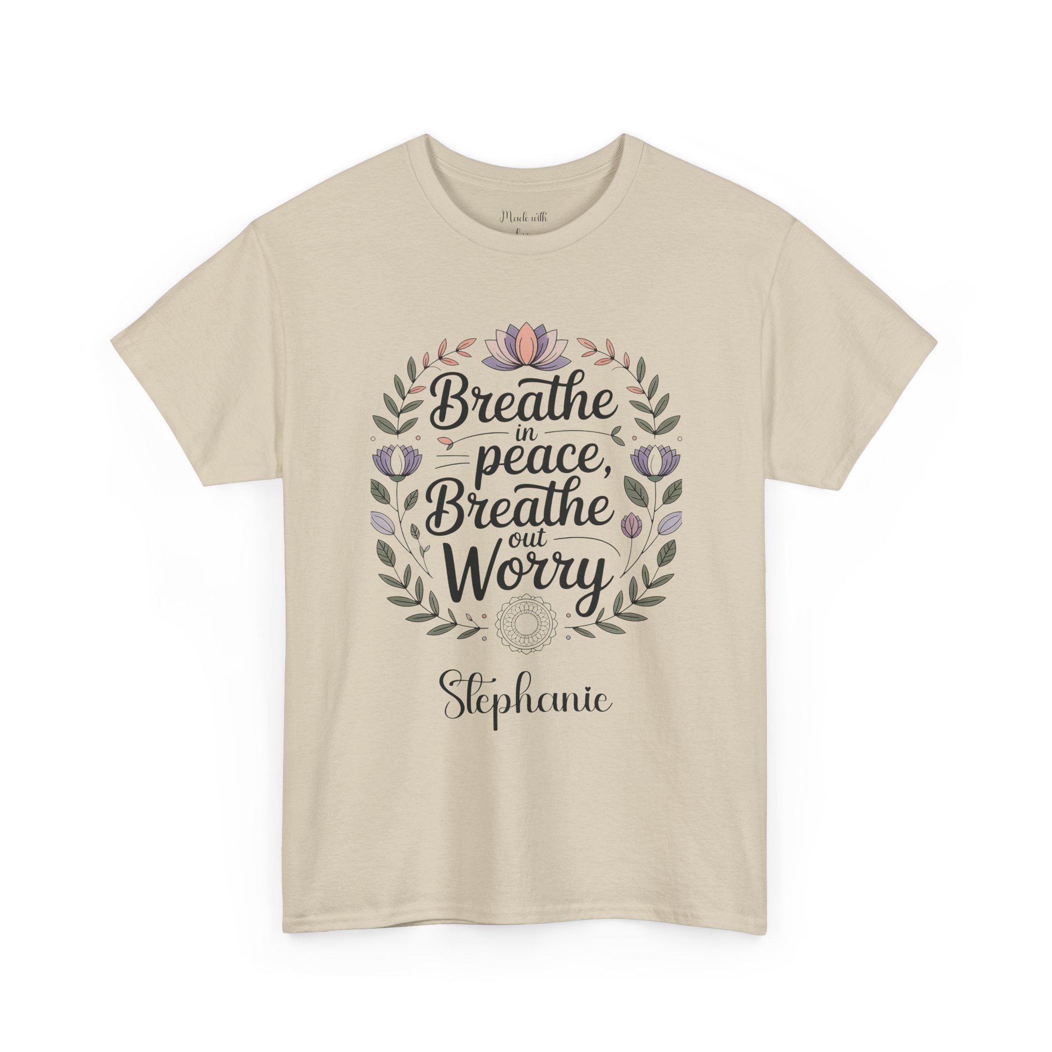 Breathe Peace personalized t-shirt with floral wreath design and name on the front