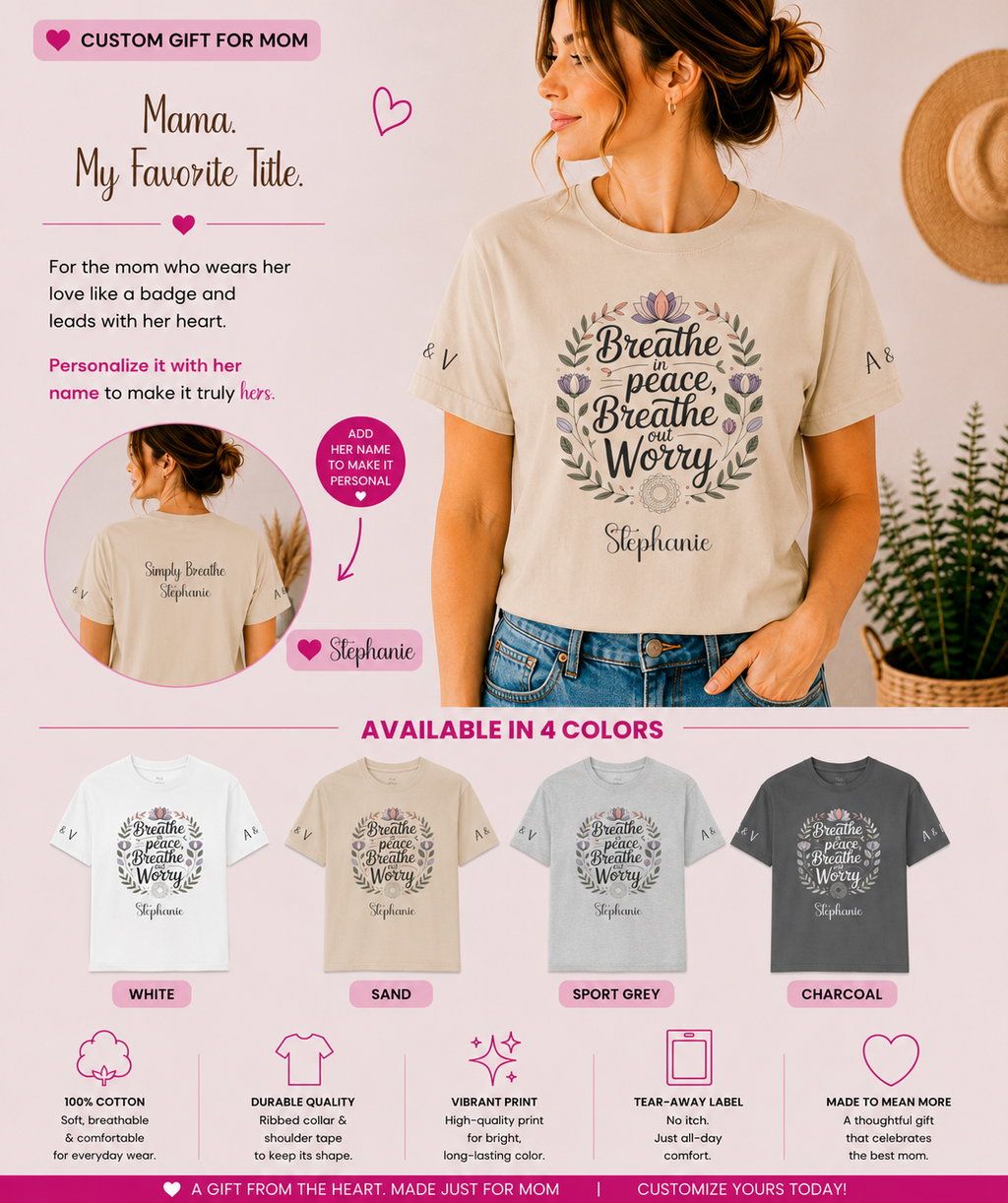 Personalized Breathe Peace T-Shirt – Floral Wreath Mom Tee