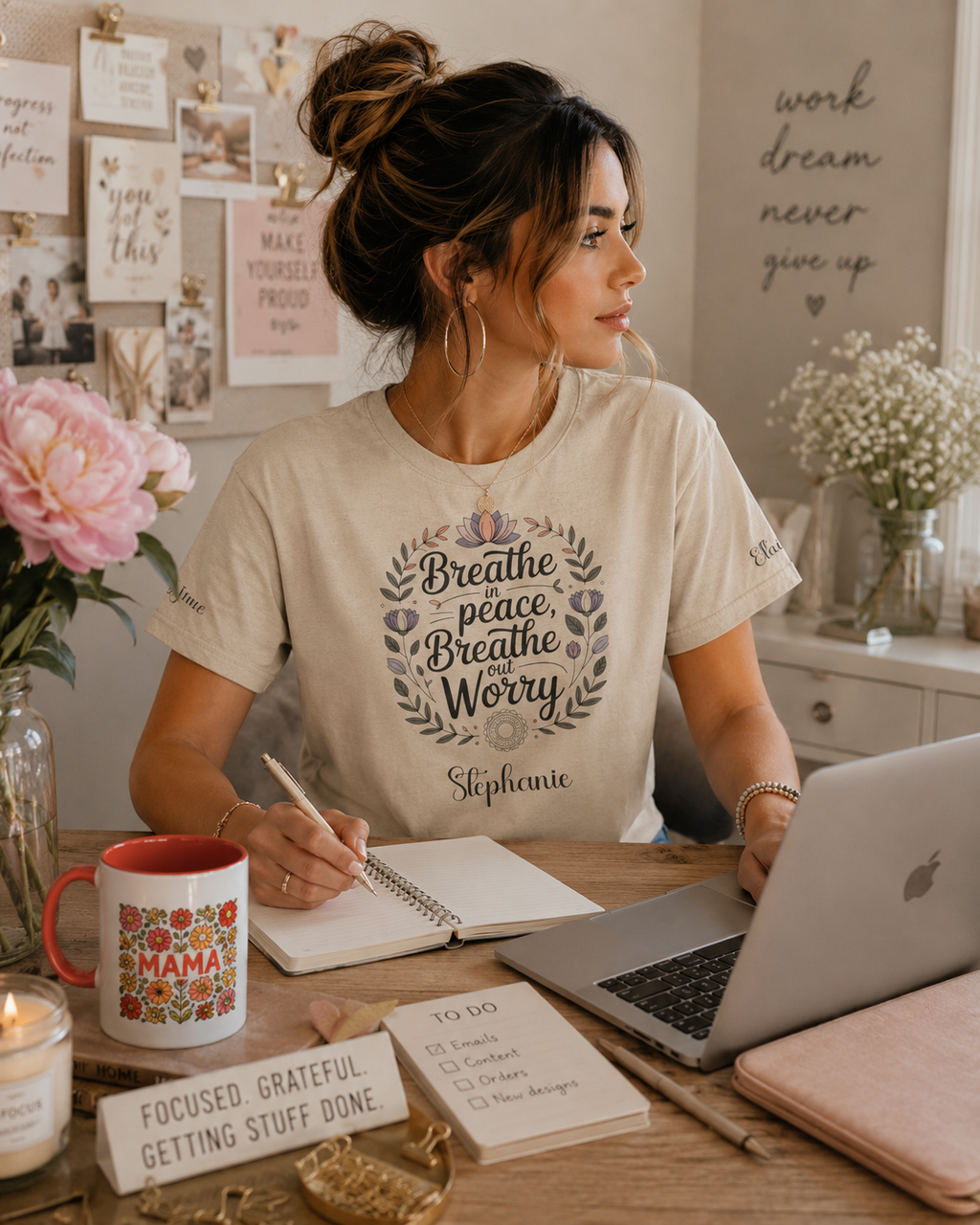 Breathe Peace t-shirt shown in a lifestyle setting