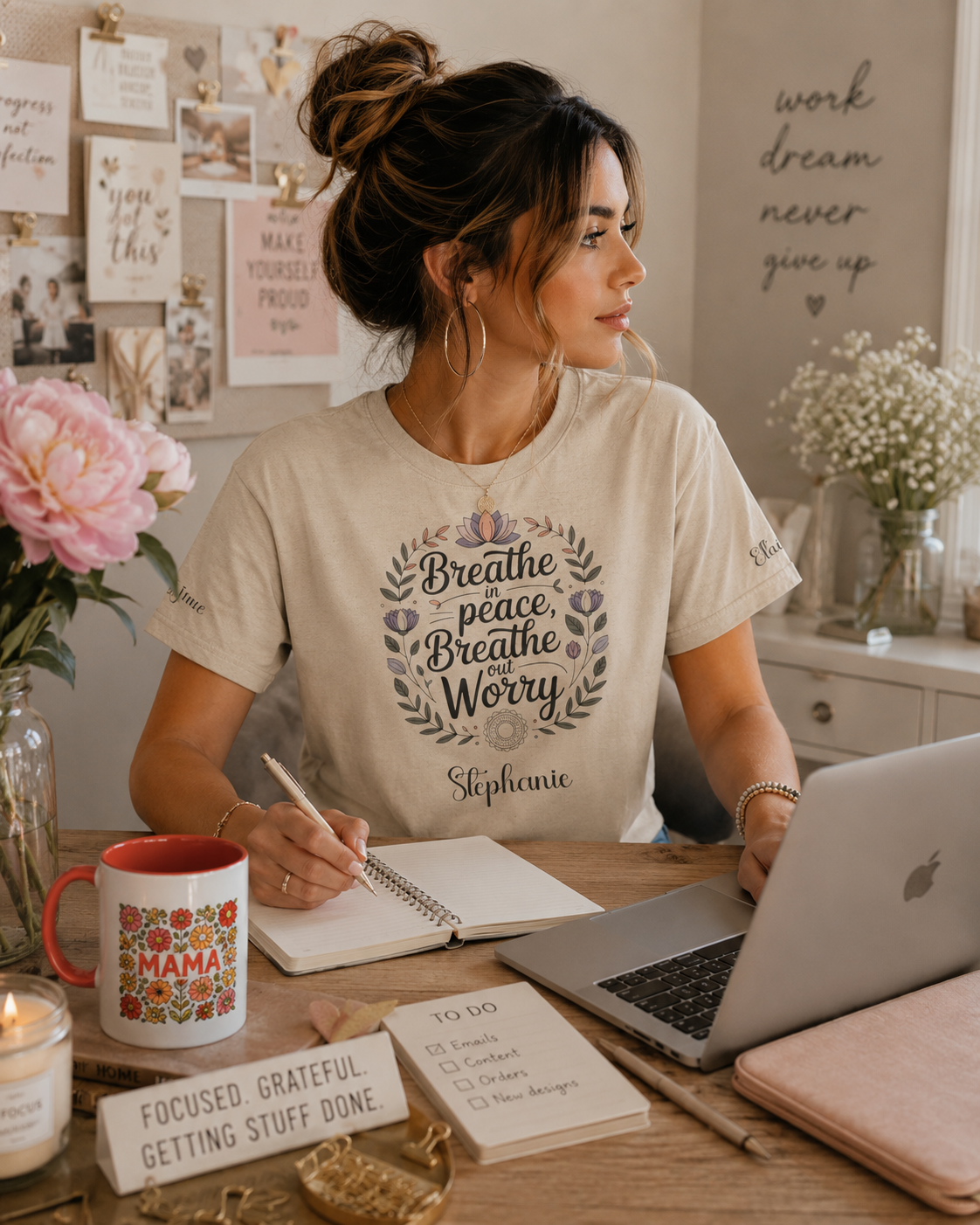 Breathe Peace t-shirt shown in a lifestyle setting