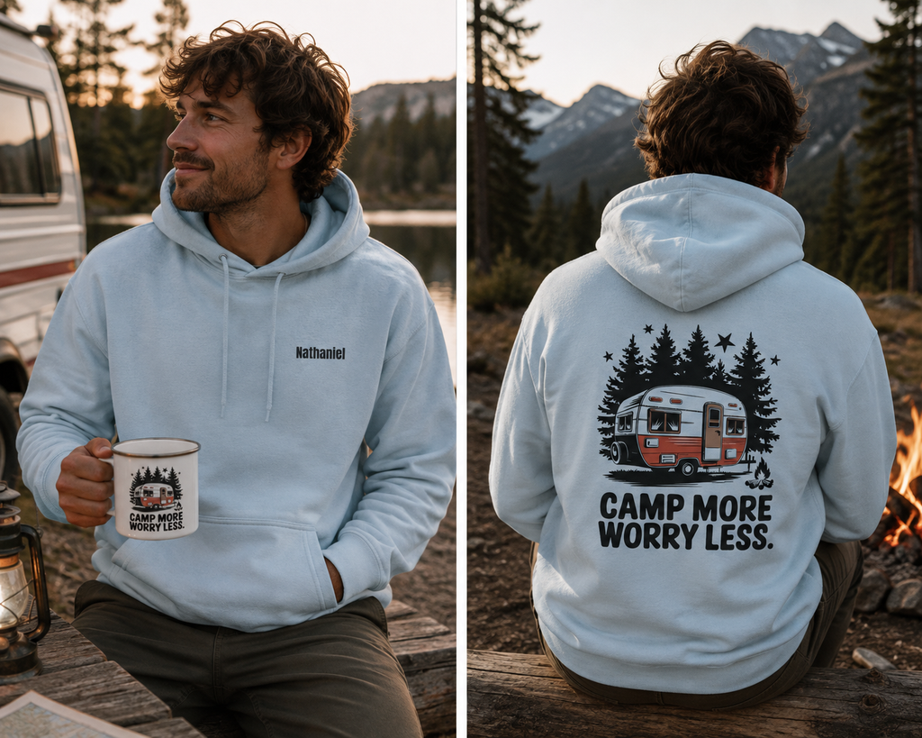 A man wearing a light blue hoodie is shown in a split view, sitting outdoors by a campfire with mountains and trees in the background. The left side shows the front of the hoodie with a small black 'Nathaniel' logo, and the right side shows the back with a large graphic of a red and white camper van surrounded by pine trees and the text 'CAMP MORE WORRY LESS.