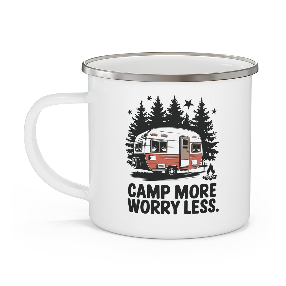 Camp More Worry Less enamel mug, main design view