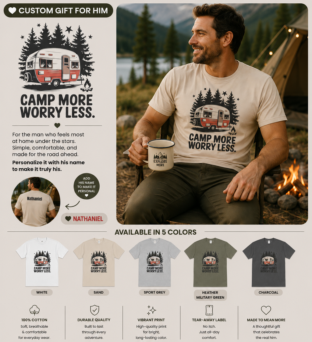 Camp More Worry Less t-shirt back print with the name Nathaniel