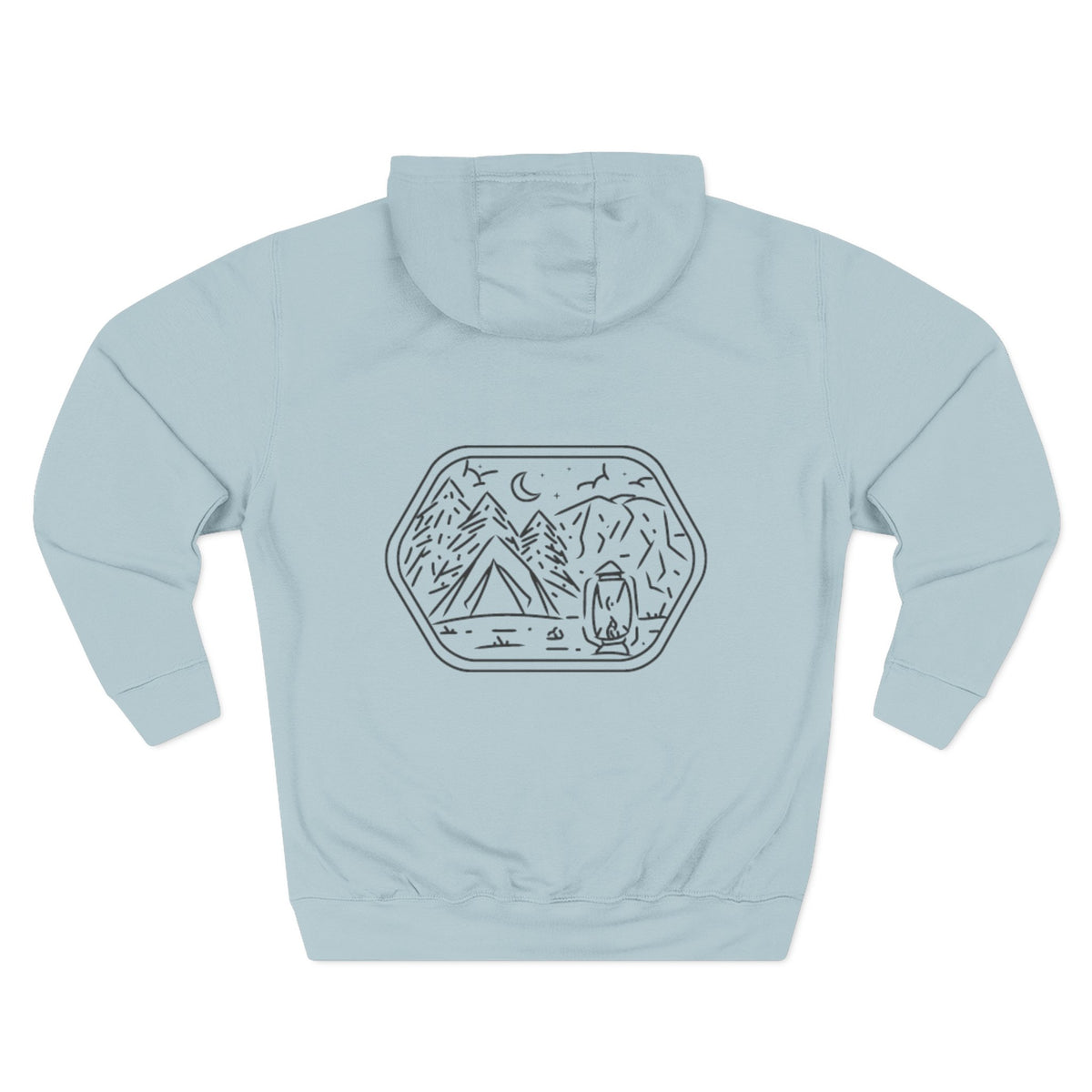 Blue Mist personalized hoodie, back view, with line-art camp scene design
