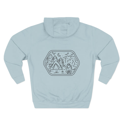 Blue Mist personalized hoodie, back view, with line-art camp scene design