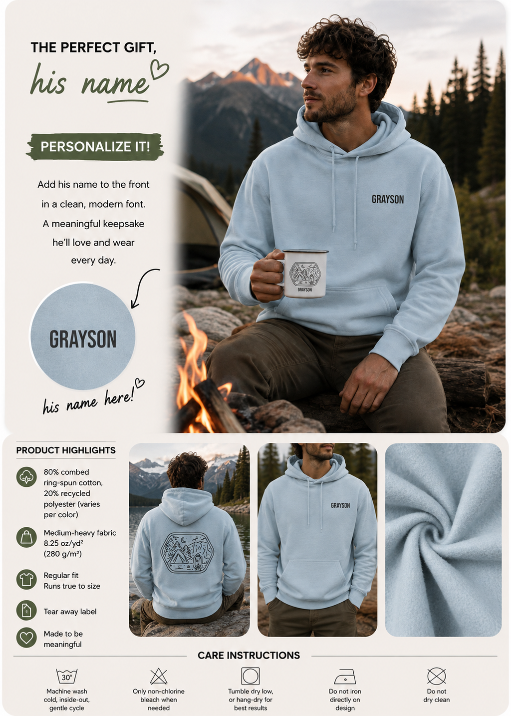 Product information graphic showing personalization placement, fabric details, and care instructions