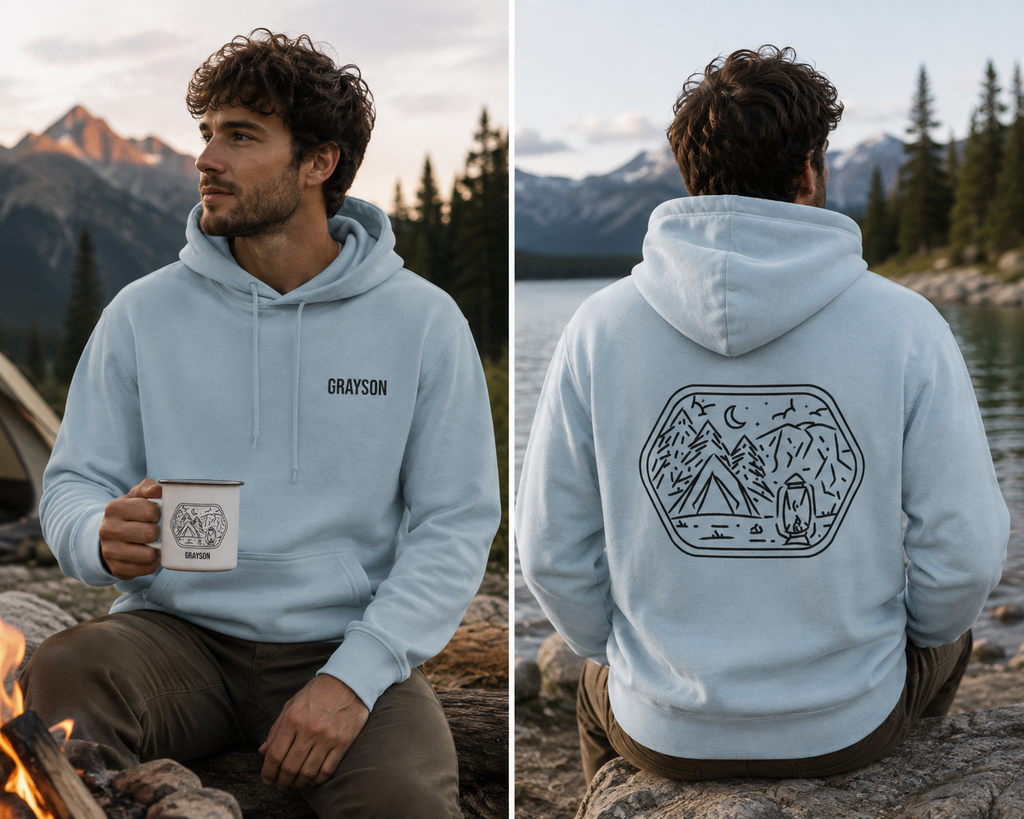 Man wearing the personalized hoodie, front view with name on the chest and back view showing the design