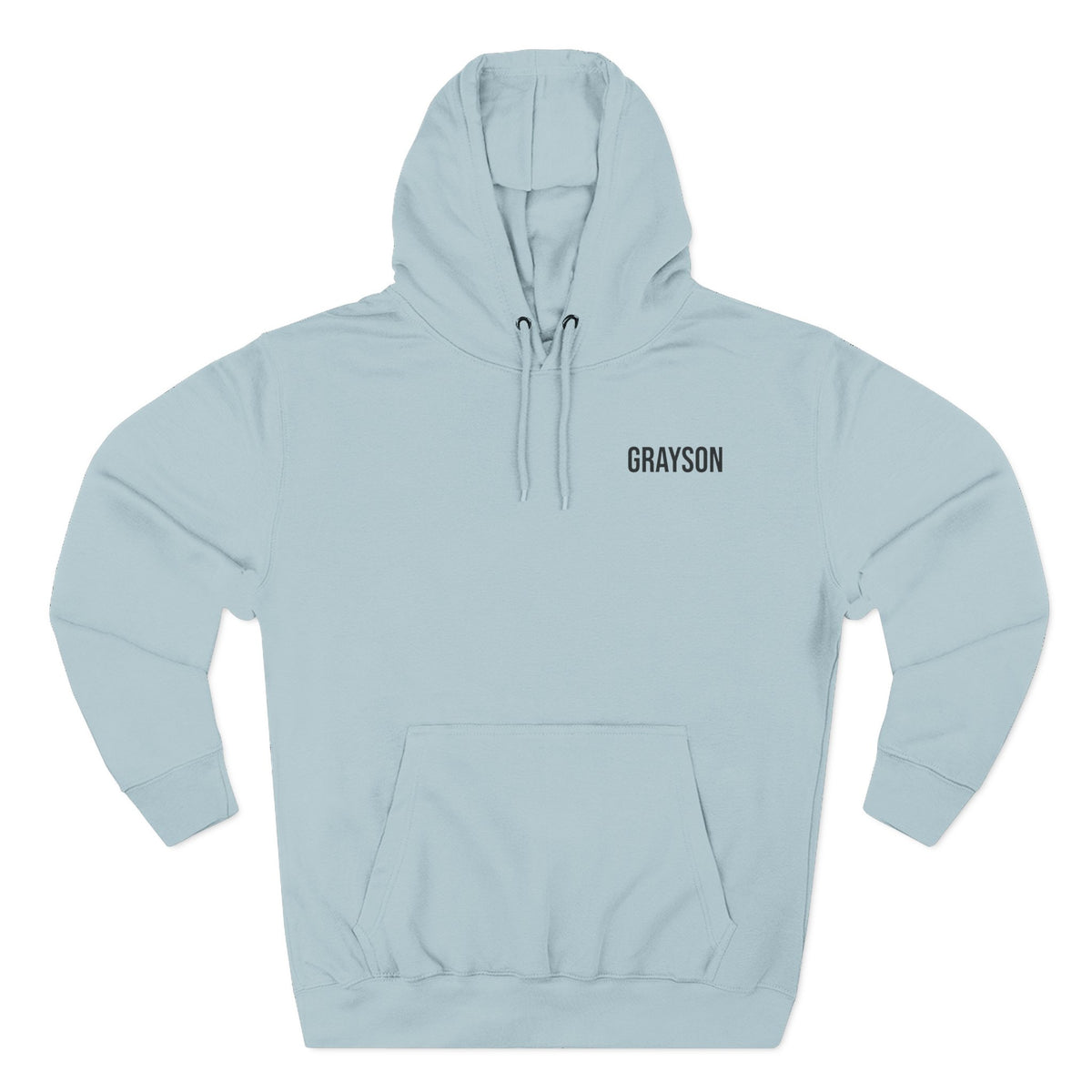 Front view of blue mist hoodie with customizable name embroidered on the chest