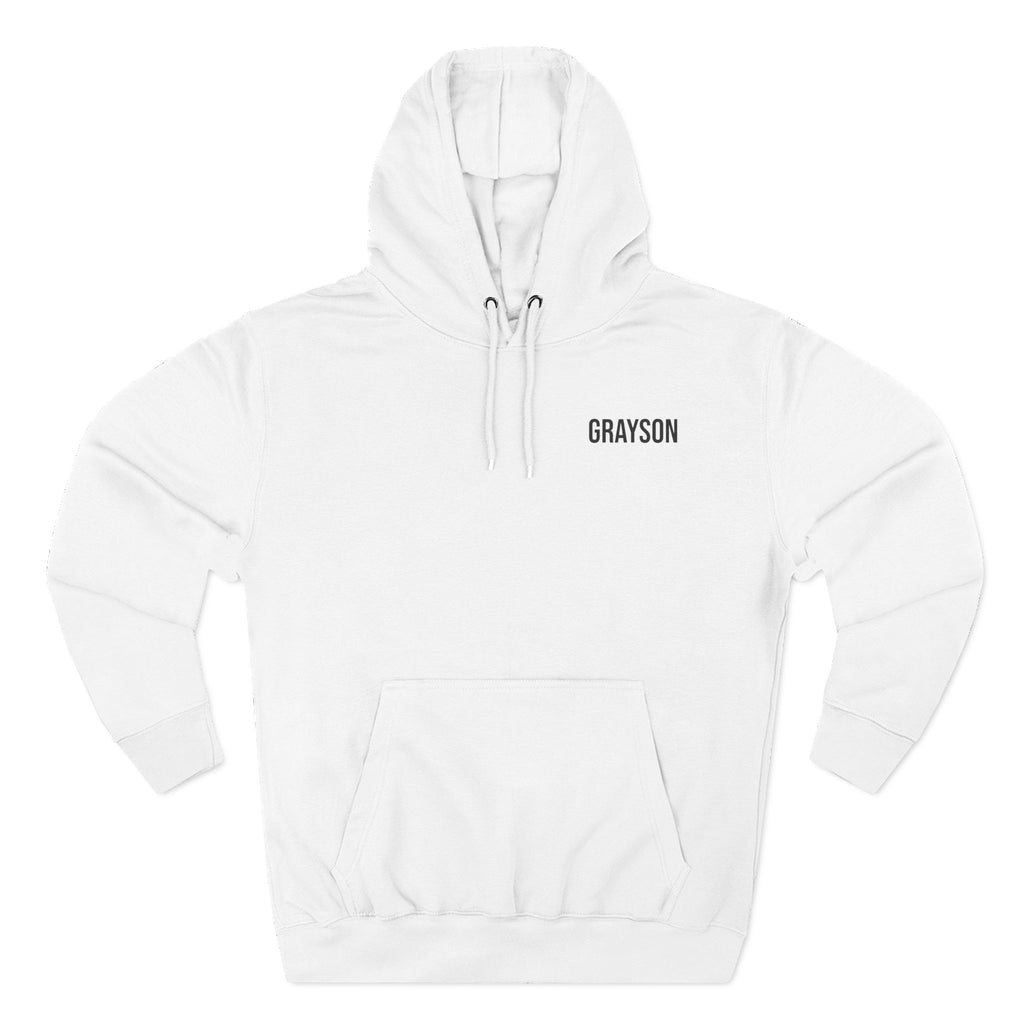 Back view of white hoodie with line-art camp scene design