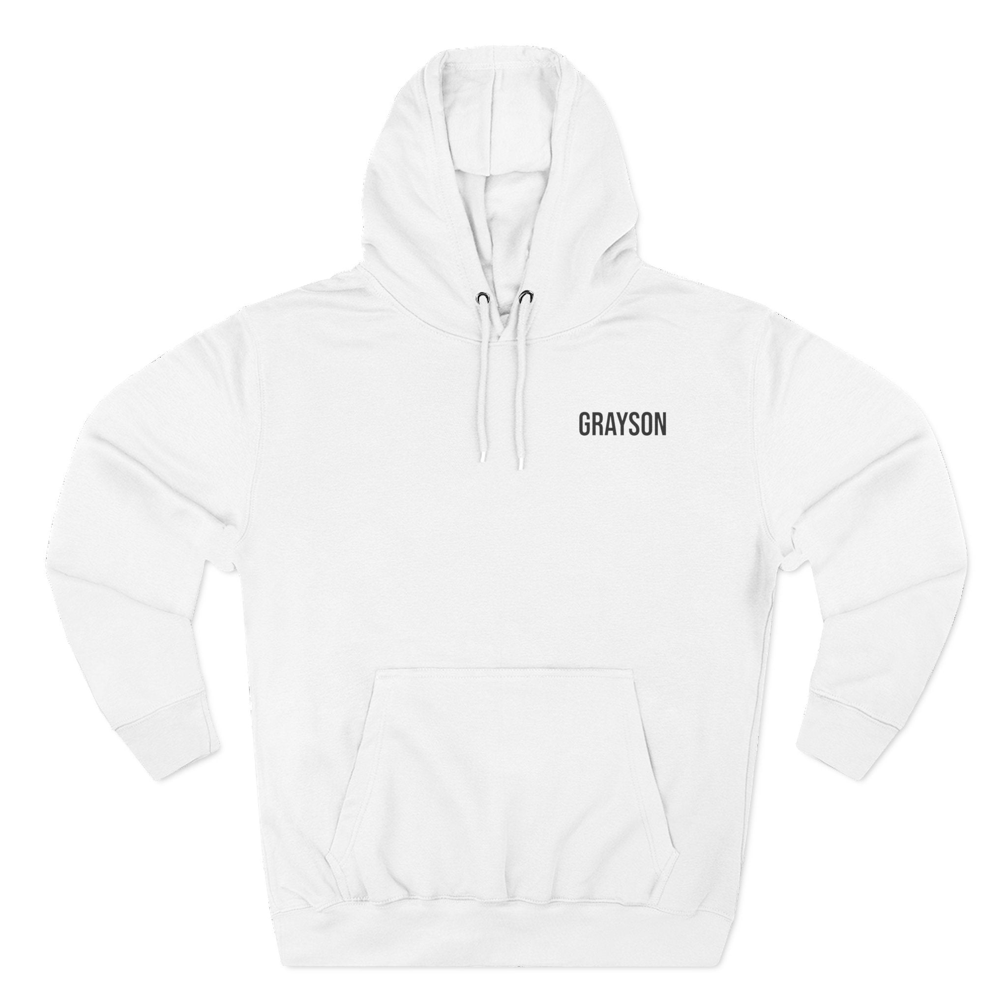 Back view of white hoodie with line-art camp scene design