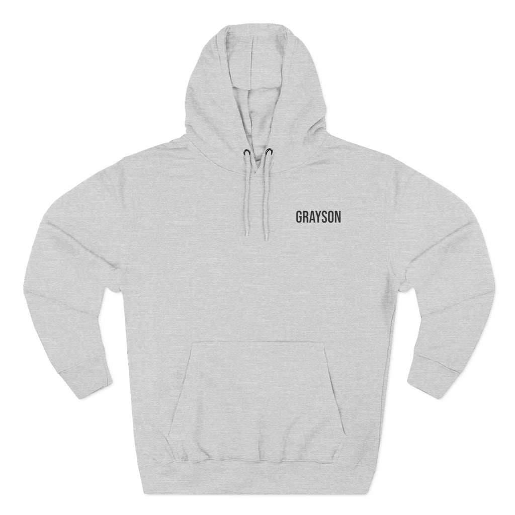 Back view of heather grey hoodie with line-art camp scene design