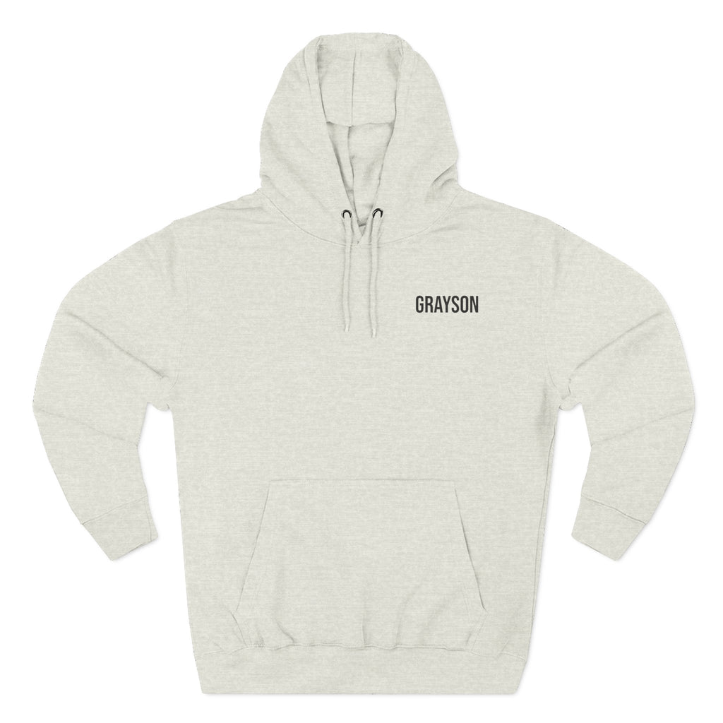 Back view of oatmeal heather hoodie with line-art camp scene design