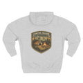 Heather grey personalized hoodie, back view, with “Camping Season” design