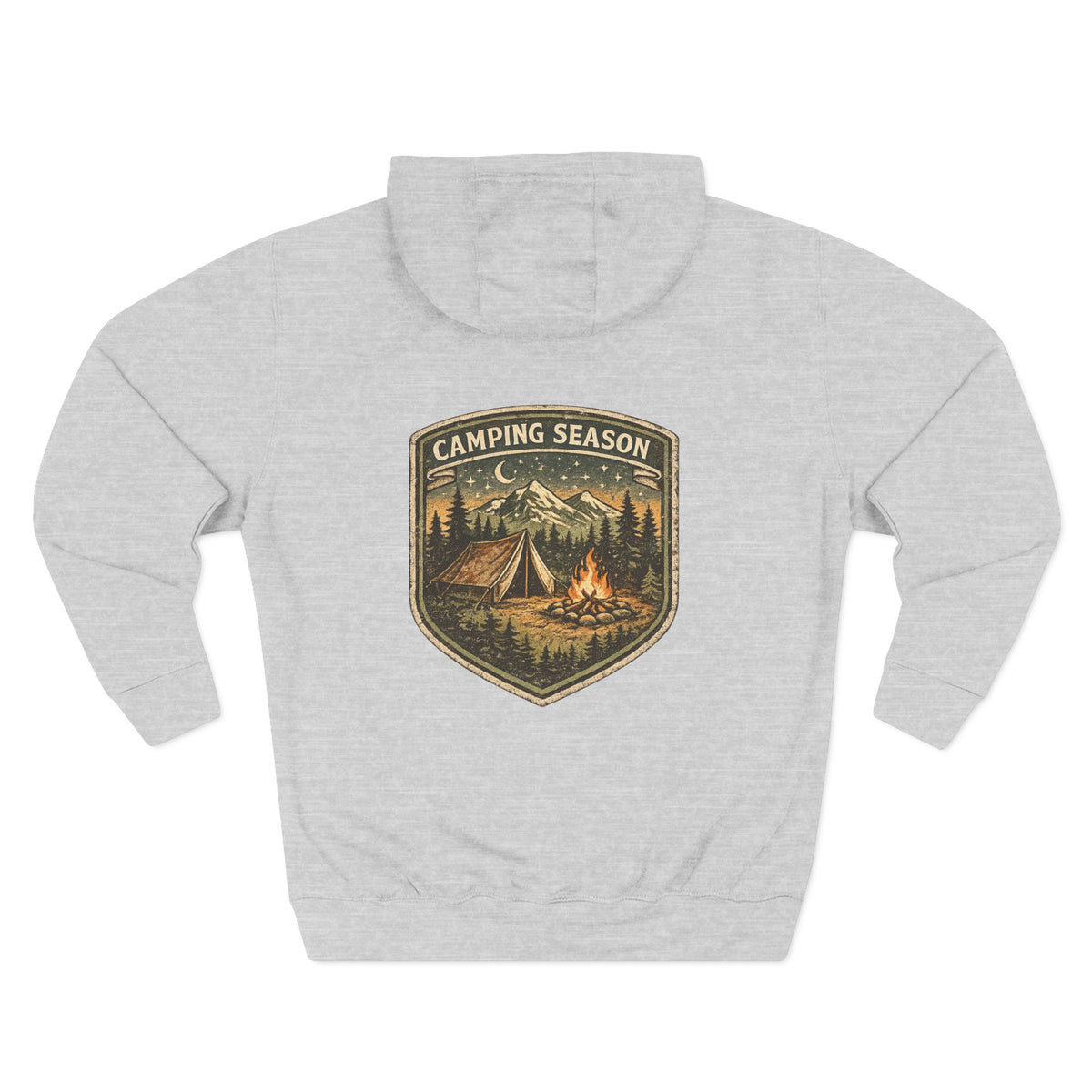 Heather grey personalized hoodie, back view, with “Camping Season” design