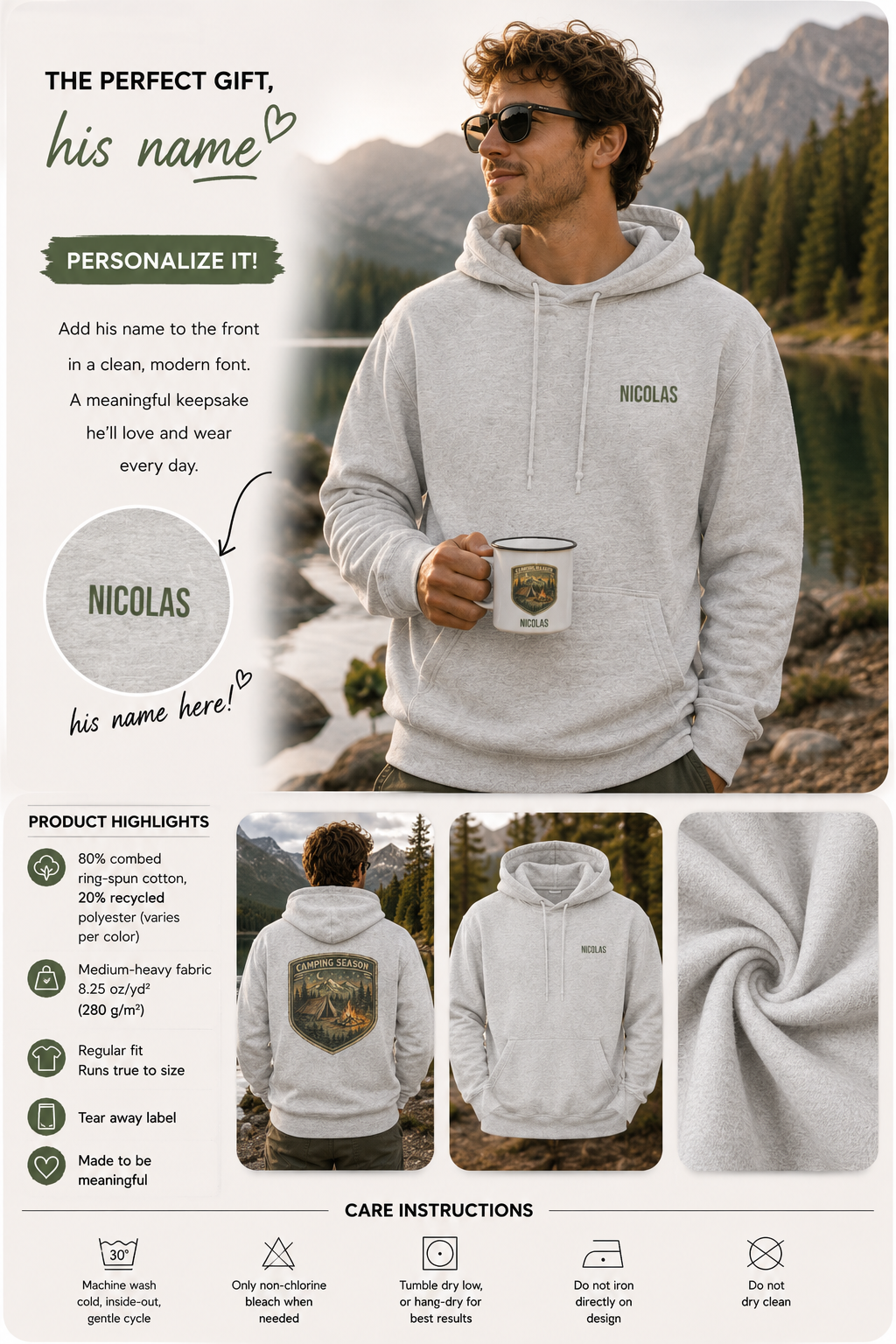 Product information graphic showing personalization placement, fabric details, and care instructions