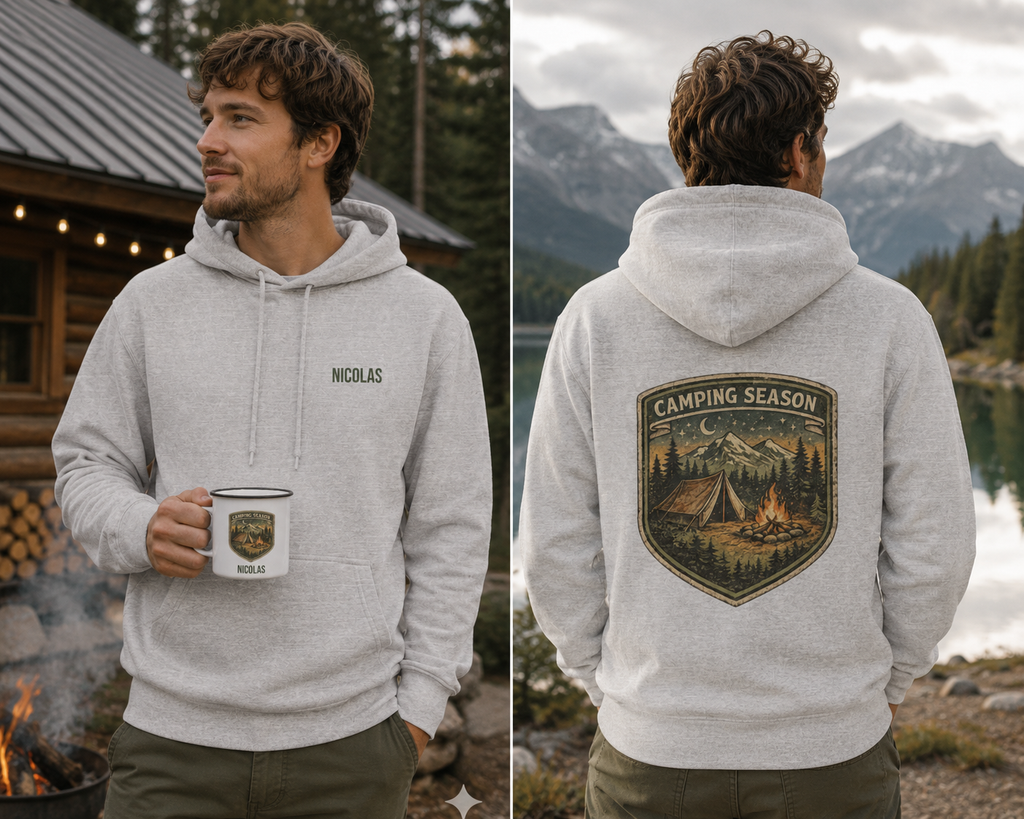 Man wearing the personalized hoodie, front view with name on the chest and back view showing the design