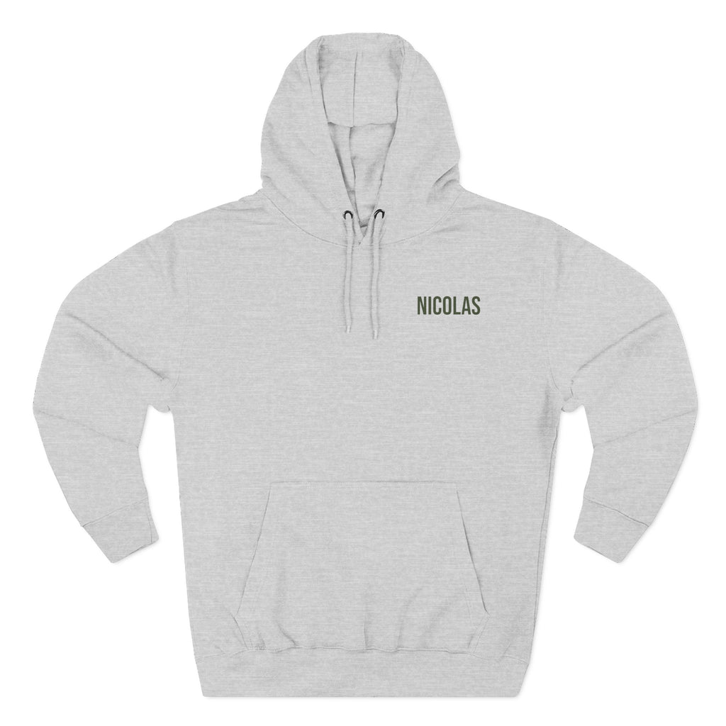 Front view of heather grey hoodie with customizable name embroidered on the chest