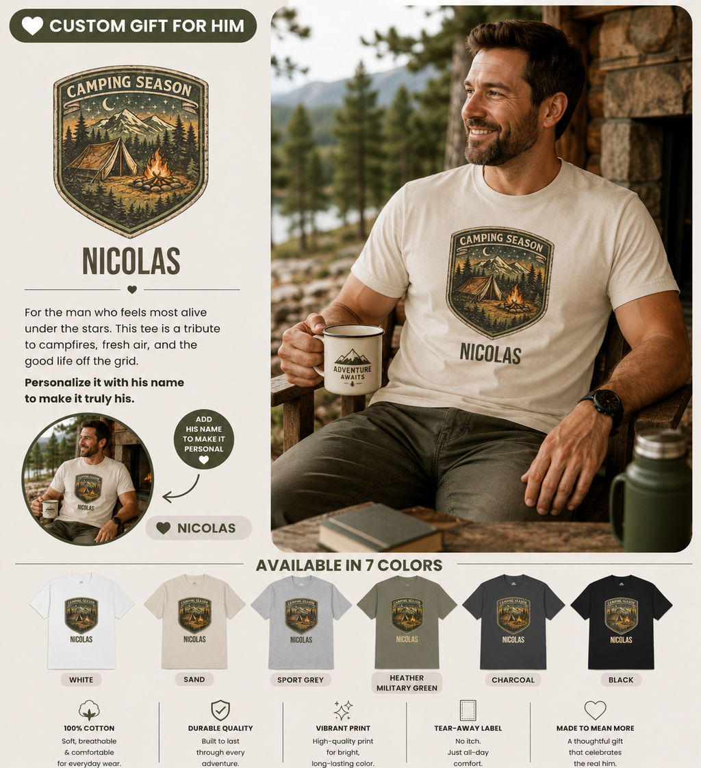 Camping Season t-shirt shown in a lifestyle setting