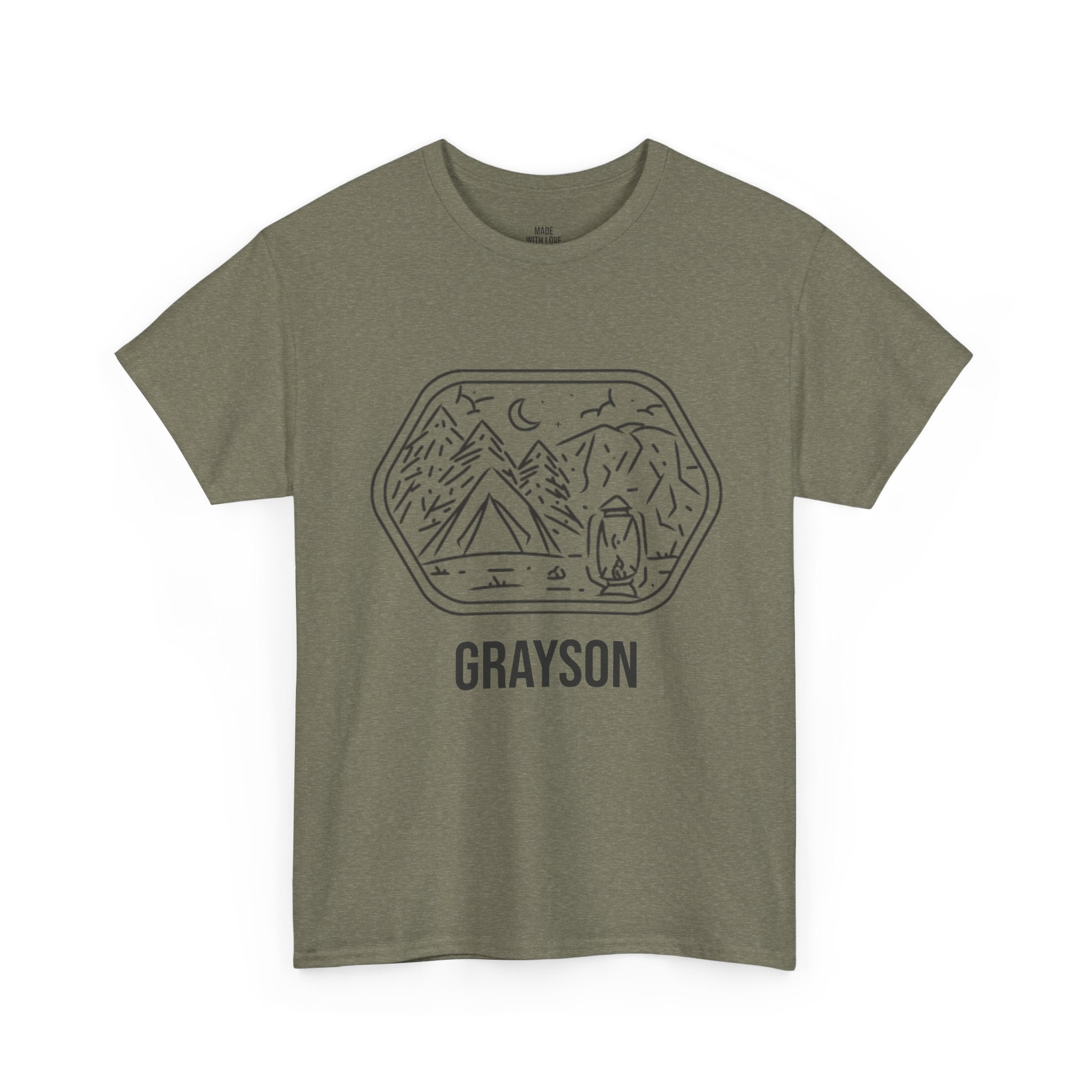 Campsite line art personalized t-shirt with name on the front