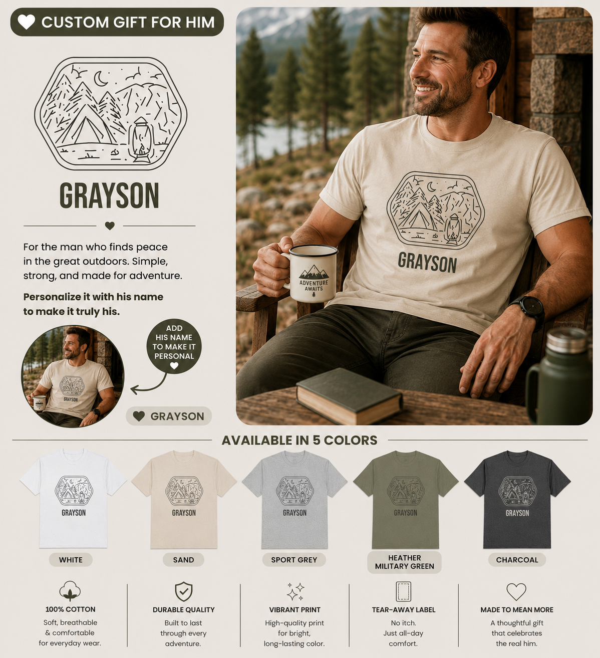 Campsite line art t-shirt shown in a lifestyle setting