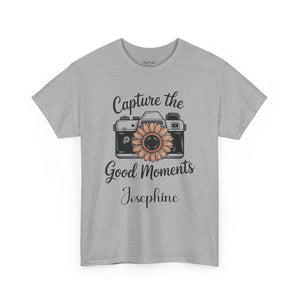 Personalized Capture Good Moments T-Shirt – Camera & Sunflower Tee