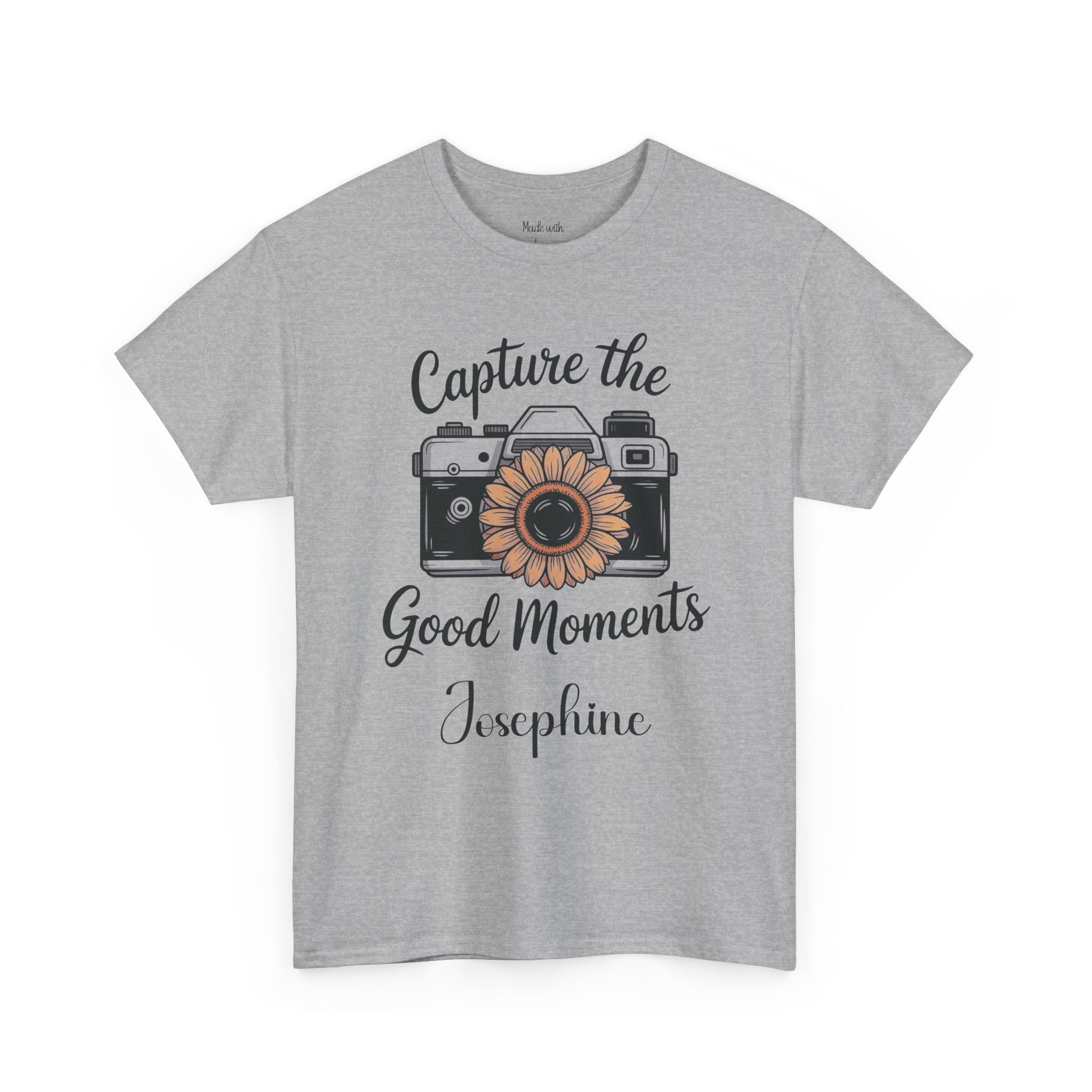 Capture Good Moments personalized t-shirt with camera and sunflower design and name on the front