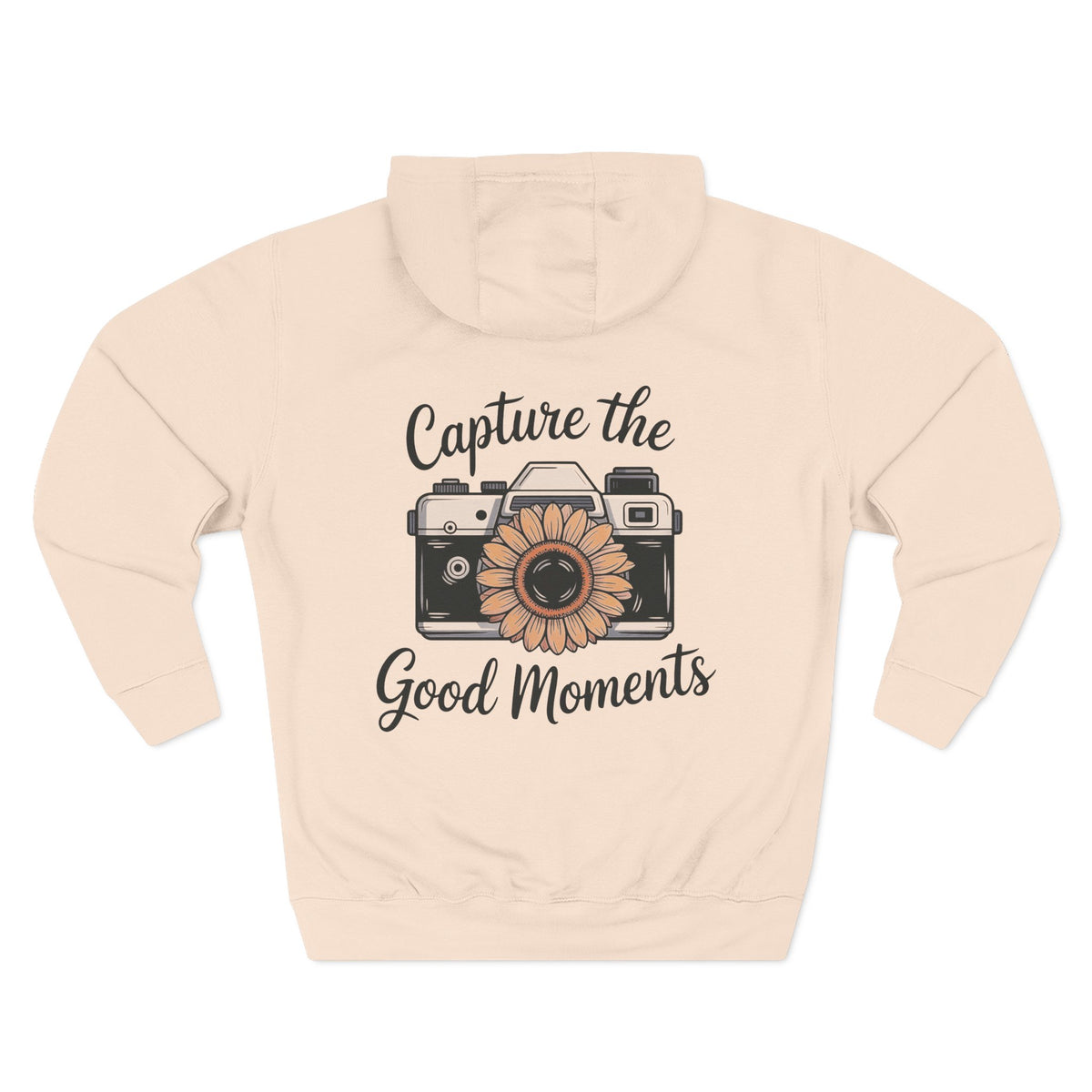 Pale Pink personalized hoodie, back view, with “Capture the Good Moments” design
