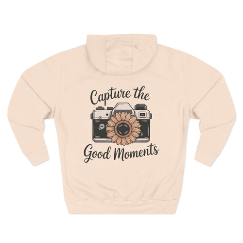 Pale Pink personalized hoodie, back view, with “Capture the Good Moments” design