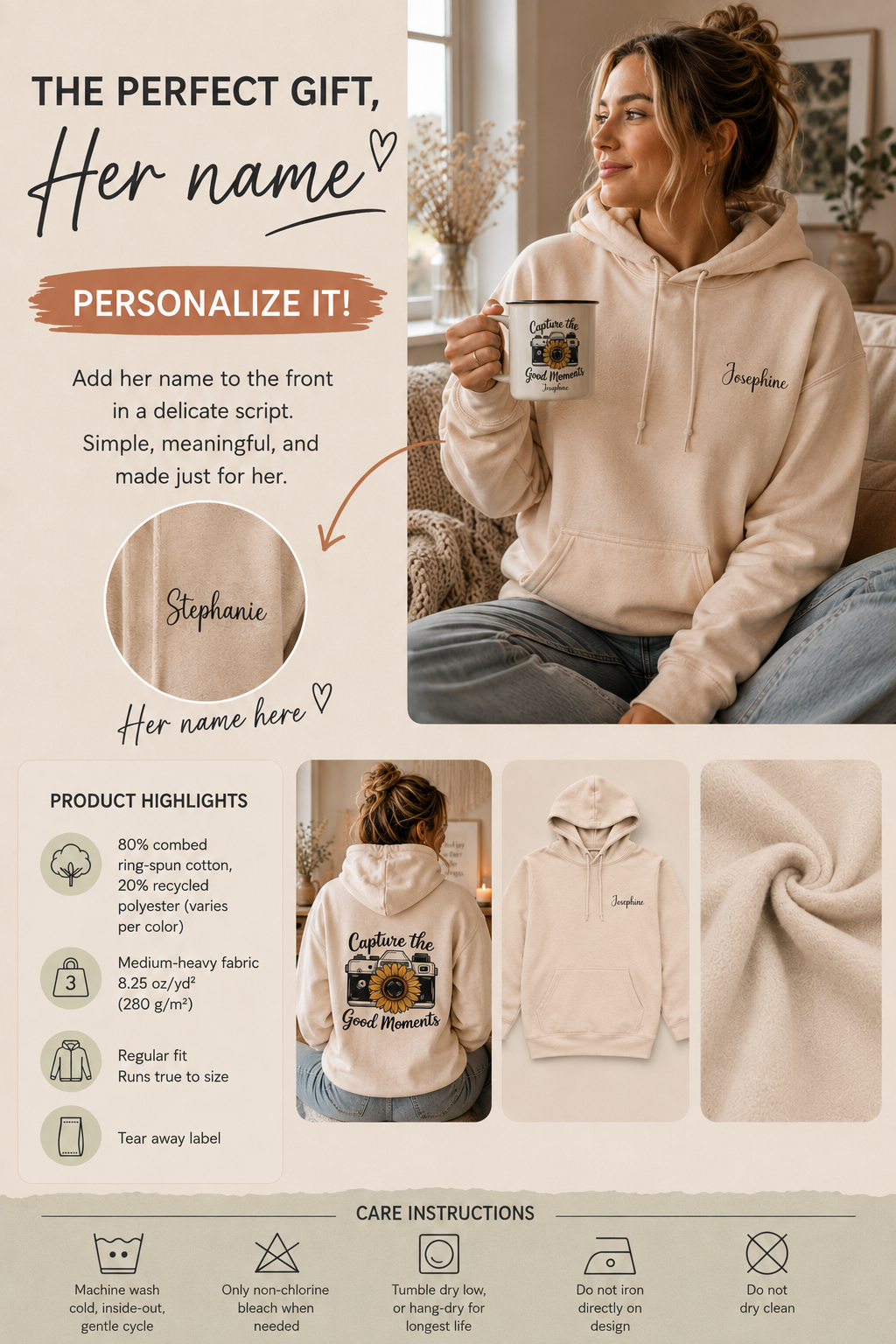 Product information graphic showing personalization placement, fabric details, and care instructions