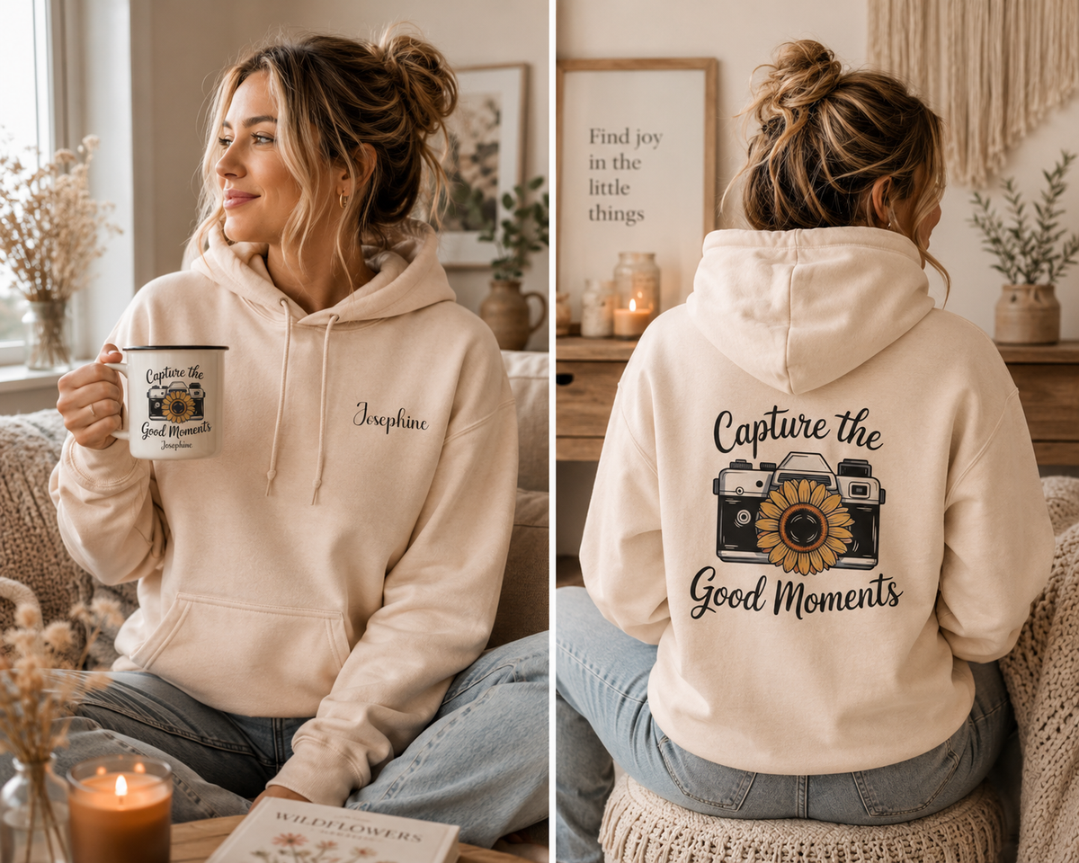 Woman wearing the personalized hoodie, front view with name on the chest and back view showing the design