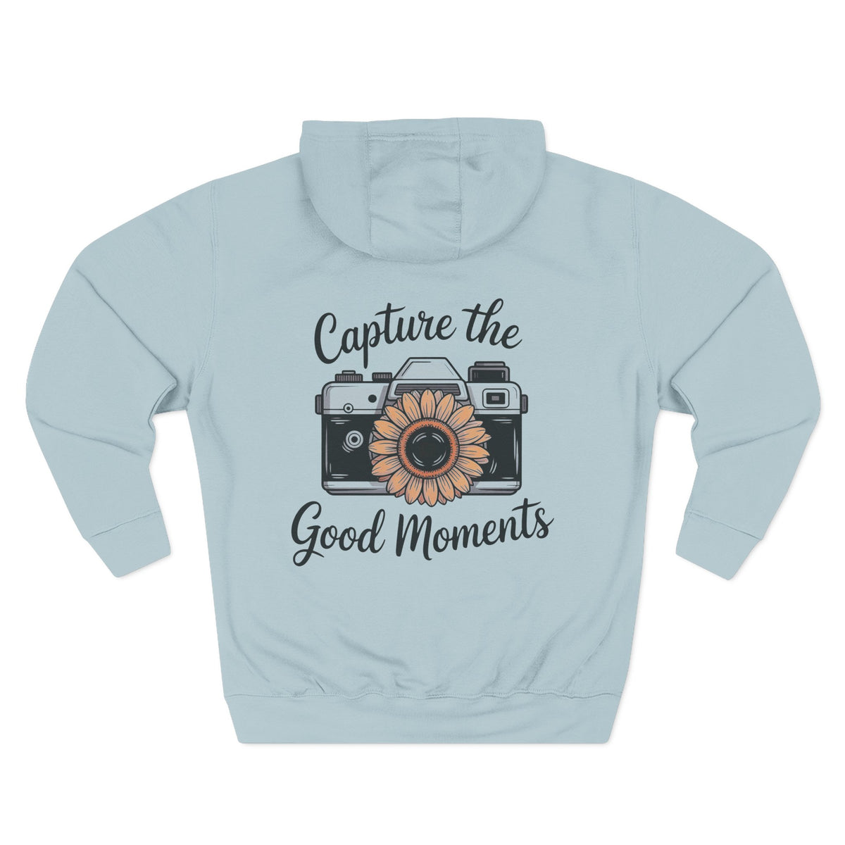 Back view of blue mist hoodie with “Capture the Good Moments” design