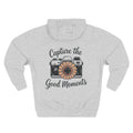 Back view of heather grey hoodie with “Capture the Good Moments” design