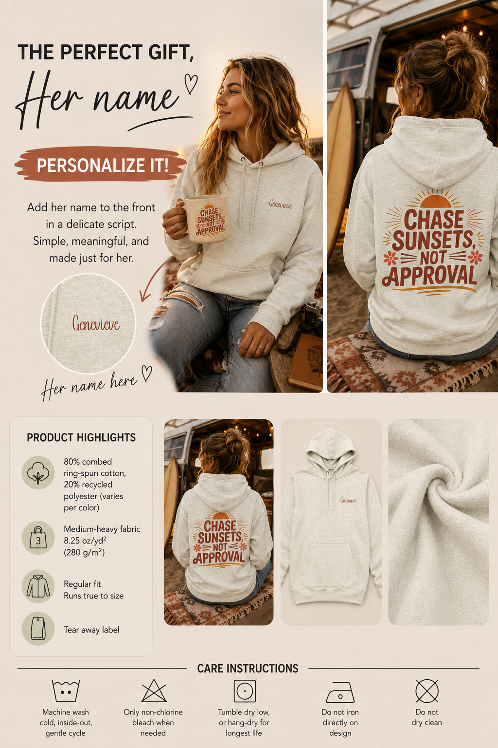 Product information graphic showing personalization placement, fabric details, and care instructions
