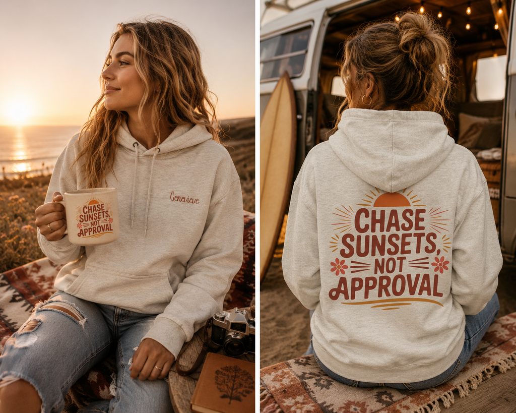 Woman wearing the personalized hoodie, front view with name on the chest and back view showing the design